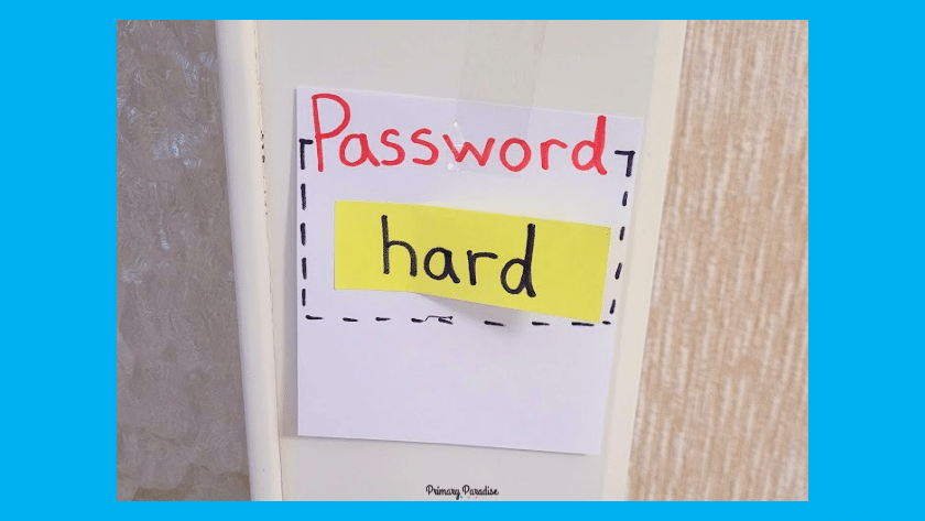 A piece of paper taped to a door. At the top it says "password" in red. Underneath is a sticky note with the word hard written on it.