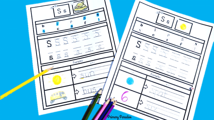 A picture of two versions of the letter s page from the review book. One with a picture cue included and one where the student drew the picture cue.