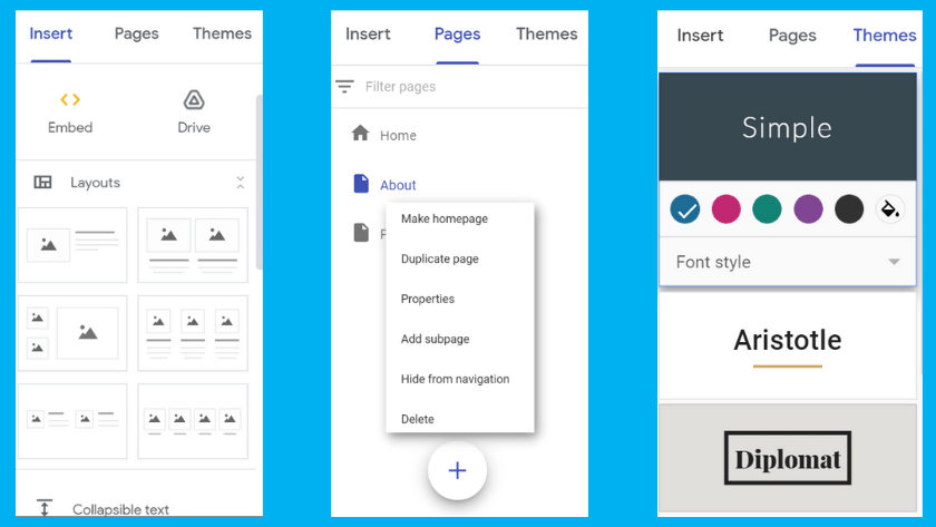 An image of the right side tool bar in three columns. Column one is the insert tab, column two is the pages tab, and column 3 is the themes tab.