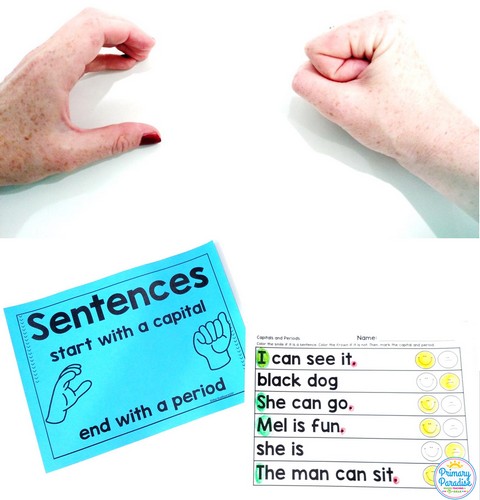 Capitals and Periods hand motions and activities- Sentence writing tips for basic sentence writing kindergarten first grade lesson plans- missing capitals, punctuation, and what should be in a sentence.
