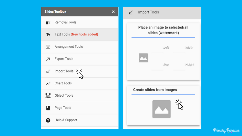 A mouse clicking on "import tools" and create slides from images in the slides toolbox menu.
