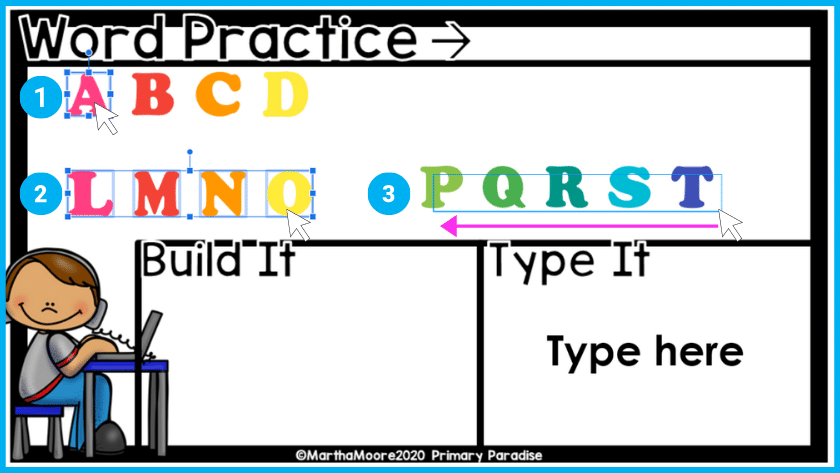 A word practice slide with 3 row of letters. The first shows a mouse clicking on the letter A. The second shows the mouse individually selecting the letters l, m, n, and o. The third shows a mouse dragging over and selecting pq,r,s and t.