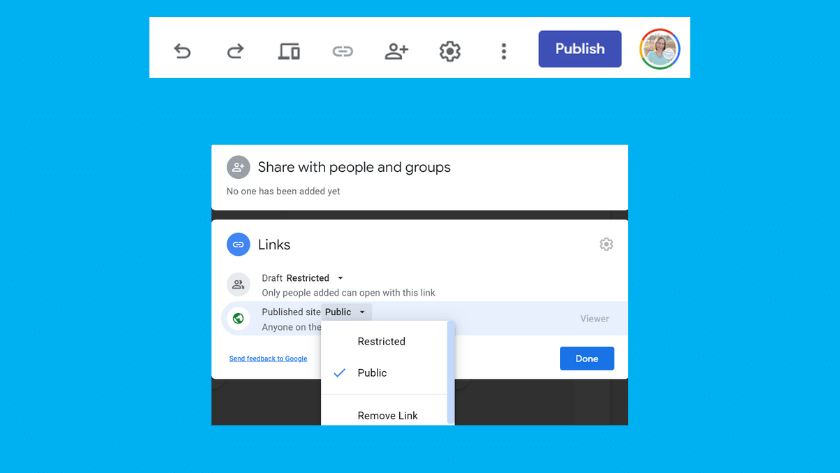 An image of the top toolbar for google sites: undo, redo buttons, preview options, link sharing, ad collaborators, settings, and publish. Below is an image of the sharing settings.