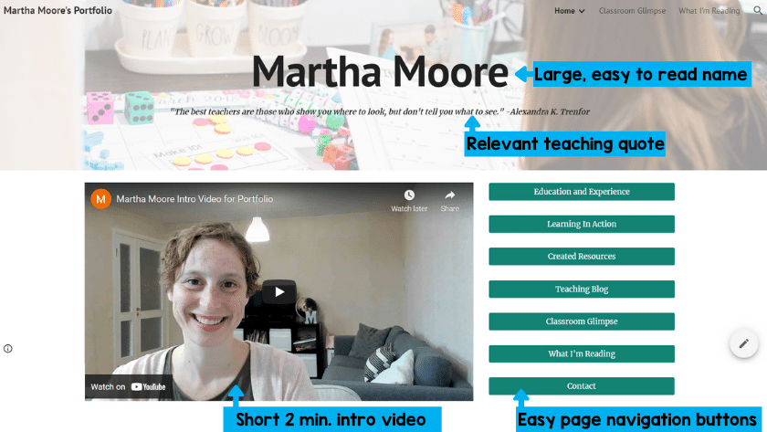 An image of Martha Moore's teaching portfolio home page. There's a header with the quote "the best teachers are those who show you where to look, but don't tell you what to see." A youtube intro video of Martha is below it with navigation buttons on the right that say education and experience, learning in action, created resources, teaching blog, classroom glimpse, what I'm reading, and contact.