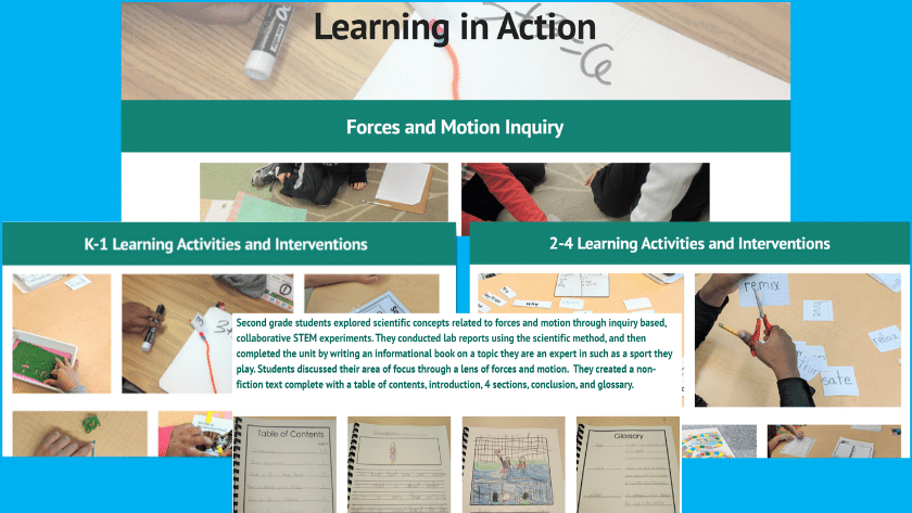 A header titled "learning in action" with pictures of student work. No student faces are shown. There are two sections. One called "k-1 learning activities and interventions" and another for grades 2-4.