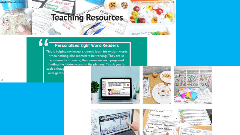 A header says "teaching resources" and there's a review for "personalized sight word readers" underneath. There's also 5 images of teaching resources