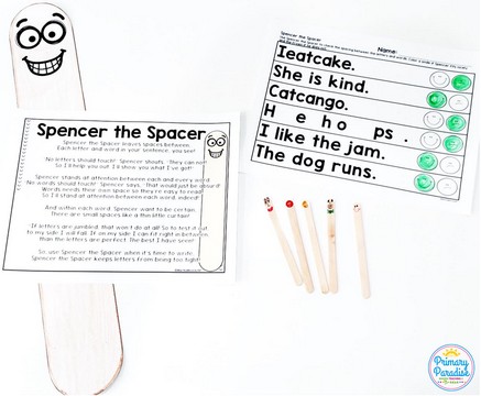 Letter and word spacing in sentences- Sentence writing tips for basic sentence writing kindergarten first grade lesson plans- missing capitals, punctuation, and what should be in a sentence.