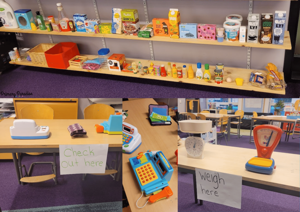 close up details of the grocery store center- shelves with play food, a check out station, and weighing station