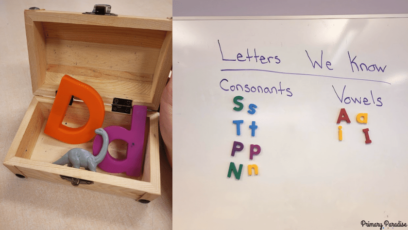 A picture of an uppercase and lowercase letter d and a dinosaur on the left. On the right there's the text "letters we know" written on a white board with "consonants" on one side and "vowels" on the other. Underneath are some magnetic letters.