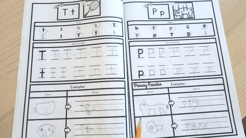 A picture of a letter t and letter p practice page with 3 sections- find it, write the letter, and examples.