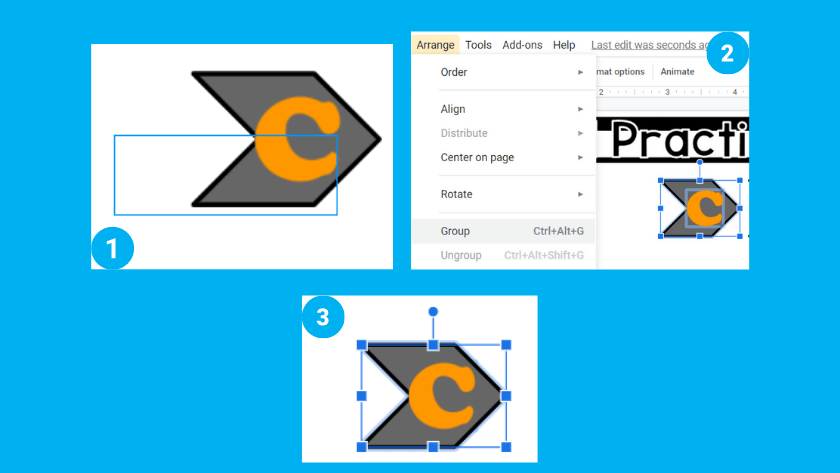 A blue background showing how to move the letter t on top of an object by selecting it, clicking order, and then selecting bring forward.