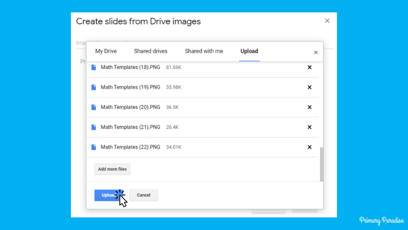 A mouse selecting upload under a list of files in the image importer wizard of Slides Toolbox