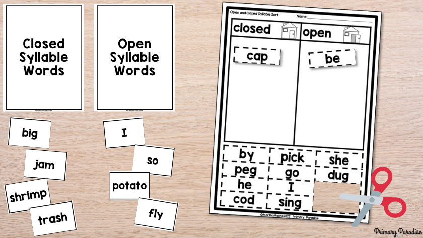 A closed and open syllable sort with cards and then a cut and paste open syllable sort