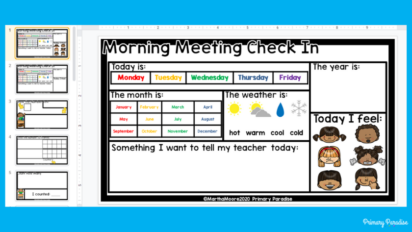 An image of a morning meeting check in template set as a background in Google Slides.