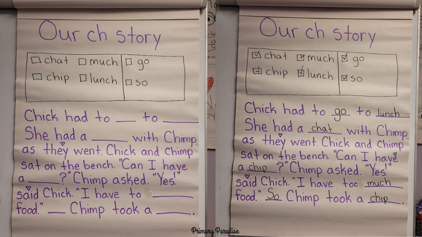A ch story with blanks and then a version with the blanks filled out. At the top are the words to use in the blanks.