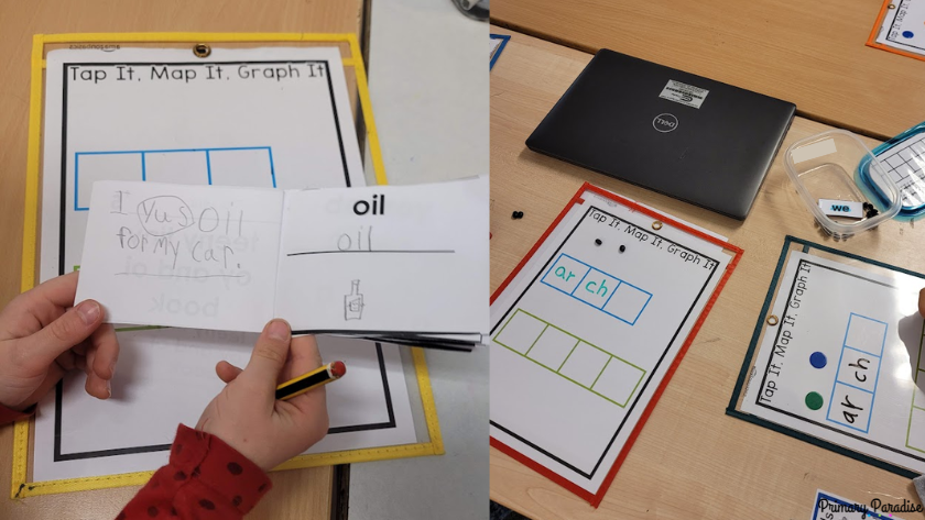 On the left is an image of a student created book with the word on and an example drawing and sentence "I use oil for my car." On the right are word mapping mats with the word arch on them.