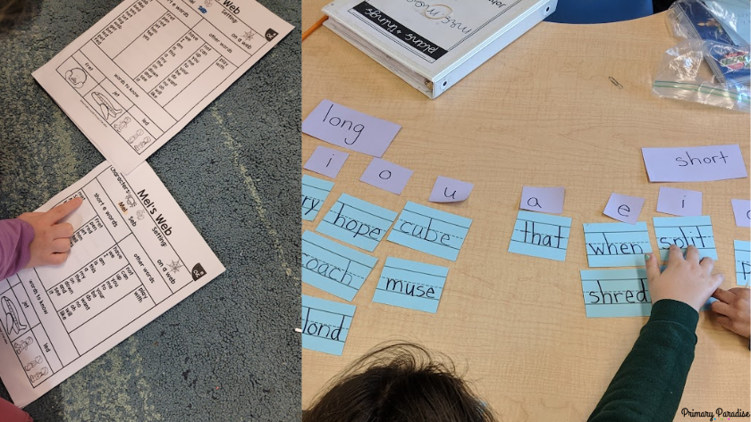 On the left is a partner play and on the right is a long and short vowel sort.