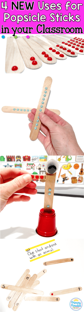 Popsicle sticks are a cheap and easy tool for your students and your classroom! Here are 4 new ways to use popsicle sticks- classroom management, fidget, counting, making words phonics, centers