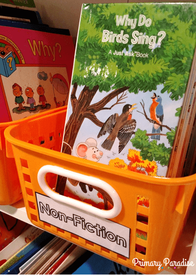 Create a beautiful and organized playroom library or classroom library with this simple color coded system using bins and stickers from Oriental Trading and Primary Paradise.