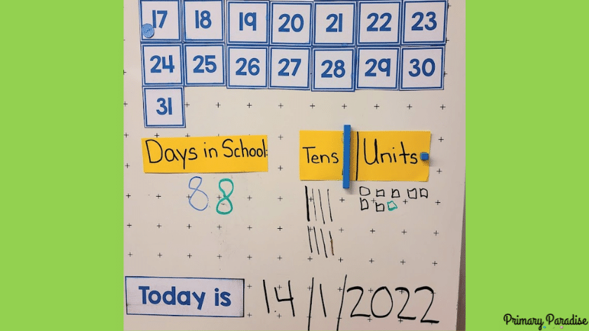 A whiteboard with the bottom half of a calendar. Underneath it says days in school 88 tens and units and today is with the day 14/1/2022