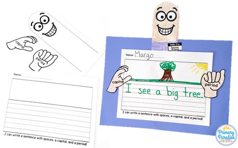 Sentence writing tips for basic sentence writing kindergarten first grade lesson plans- missing capitals, punctuation, and what should be in a sentence.