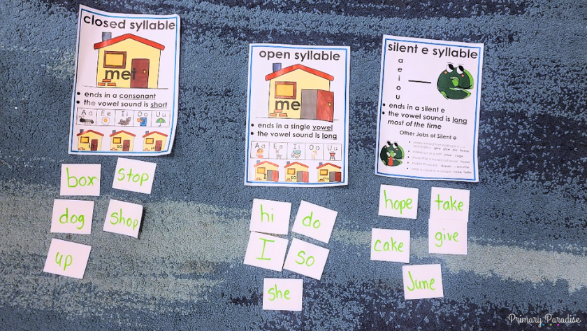A syllable sort with posters for closed, open, and silent e syllables.