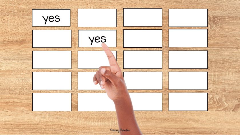 An image of a CVC word matching game with two words "yes" flipped over.