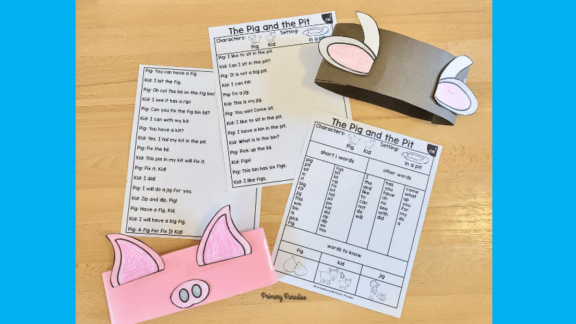 AN image of a 3 pages partner play- a get ready to read page and 2 script pages. There is also a paper headband of a pig and a paper headband of a goat.