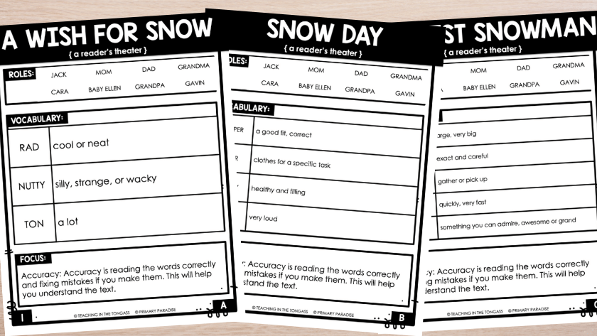 An image of 3 reader's theater sheets in three different levels. One is easy, one is in the middle, and one is harder.