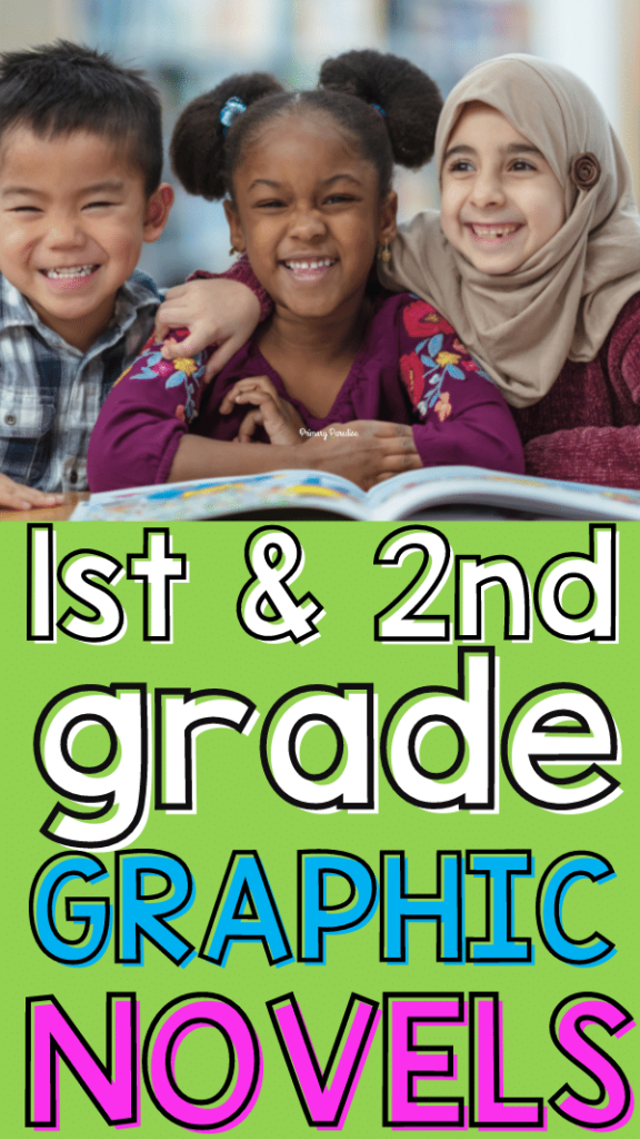 Three children smiling and reading a book with the text 1st and 2nd grade graphic novels