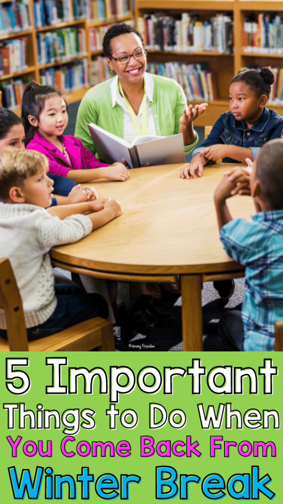 A teacher smiling in front of students, all with their hands up with the text 5 Important Things to Do When You Come Back from Winter Break