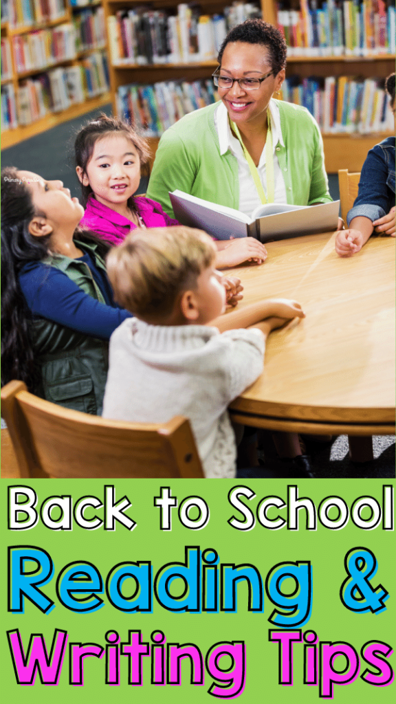 A picture of a teacher sitting with students at a circular table with text that says :back to school reading and writing tips"