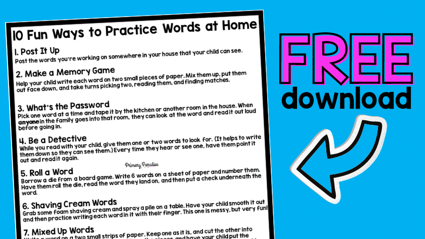 Large test with an arrow that says free download. Next to it is a printable word work support guide for parents with a list of things they can do to work with their children.