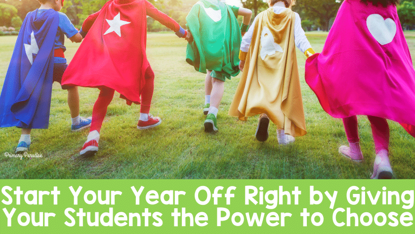 Children running away wearing super hero capes with the text "start your year off right by giving students the power to choose"