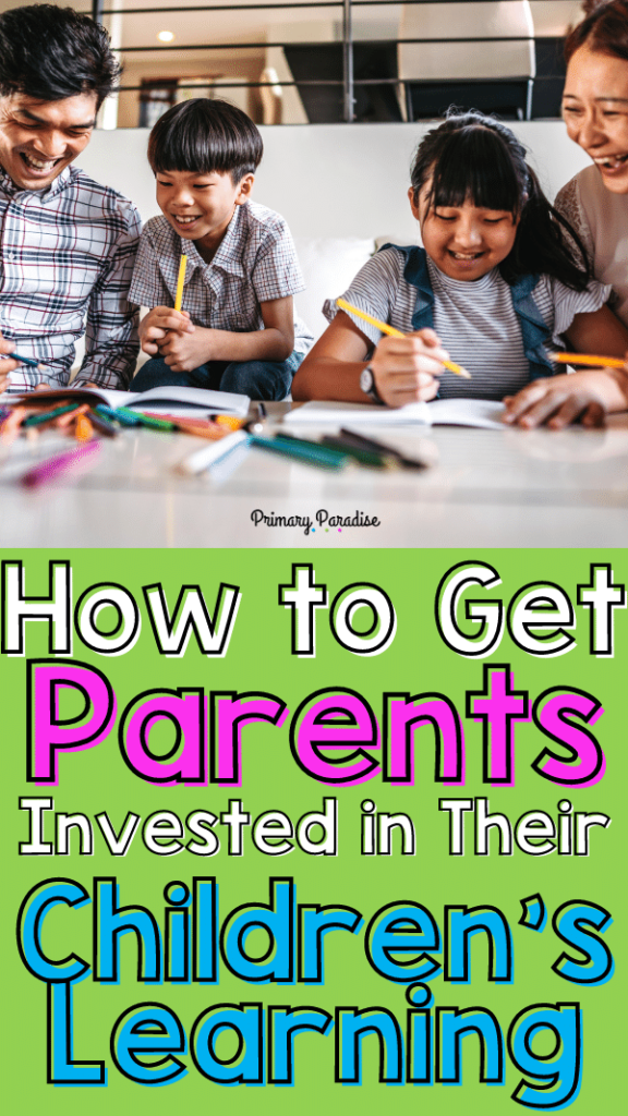 An image of a father, a son, a daughter, and a mother all smiling while doing homework together. The text says "How to Het Parents Invested in Their Children's Learning"