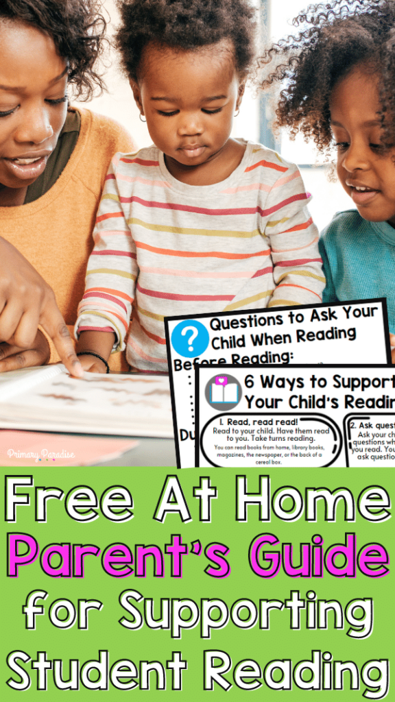 an image of a mom and her two daughters reading with the text Free at home parent's guide for supporting student reading