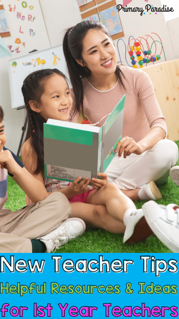 A teacher holding a book surrounded by young students with the text New Teacher tips: helpful resources and ideas