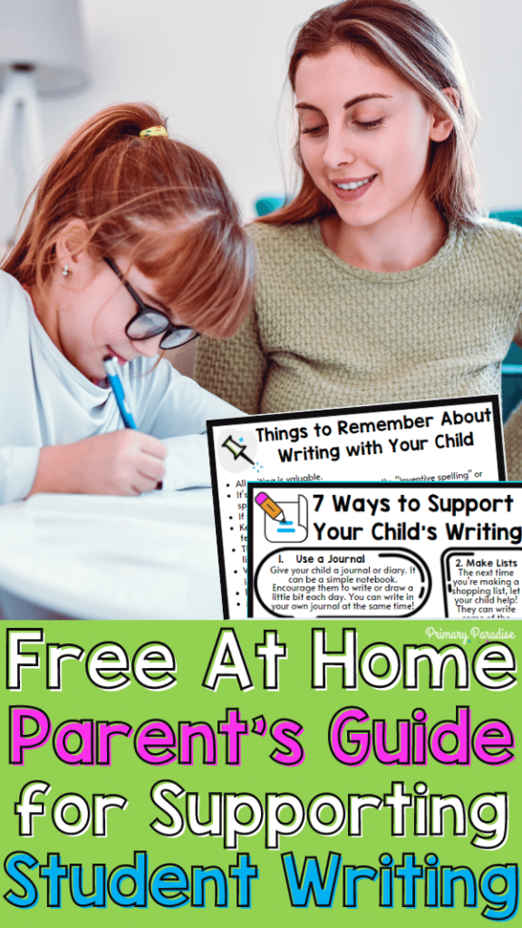 A girl and her mom writing together. Green background with white text that says Free At Home Parent's Guide for Supporting Student Writing