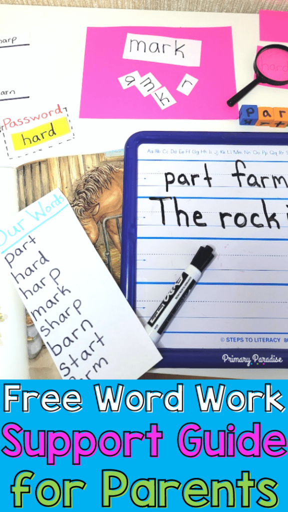 A collage of different word work activities with the text Free Word Work Support Guide for Parents