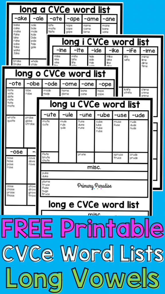 free printable cvce word lists long vowels
