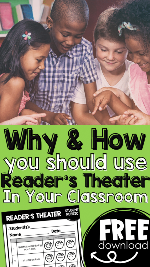 Children standing around looking down smiling together with the text Why and How to Use Reader's Theater in Your Classroom