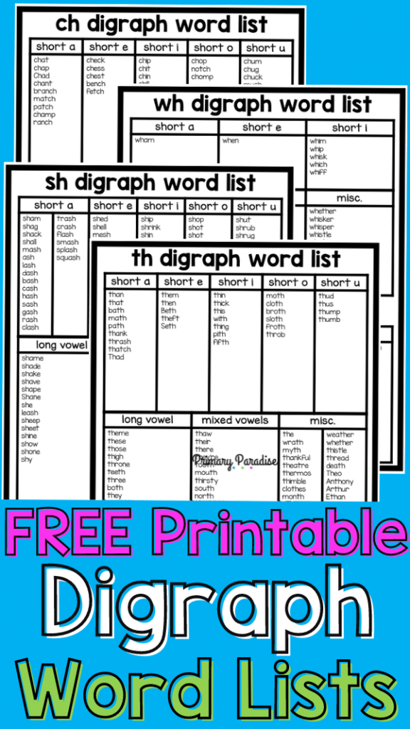 A picture of the word lists with the text free printable digraph word lists