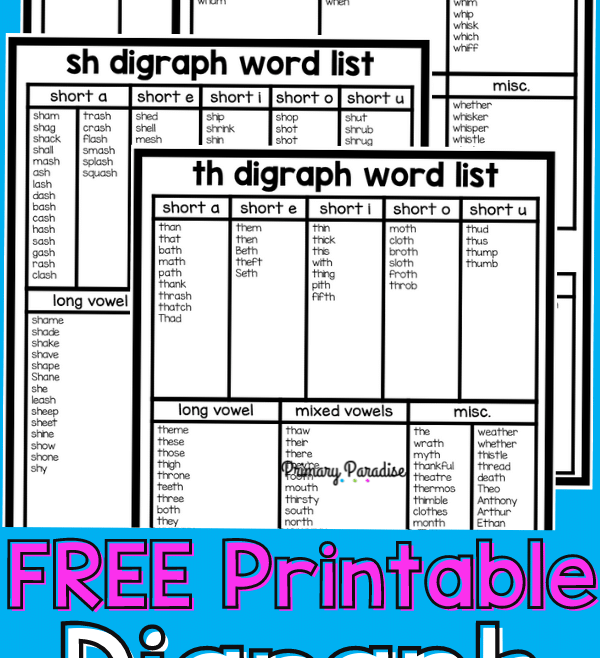 A picture of the word lists with the text free printable digraph word lists