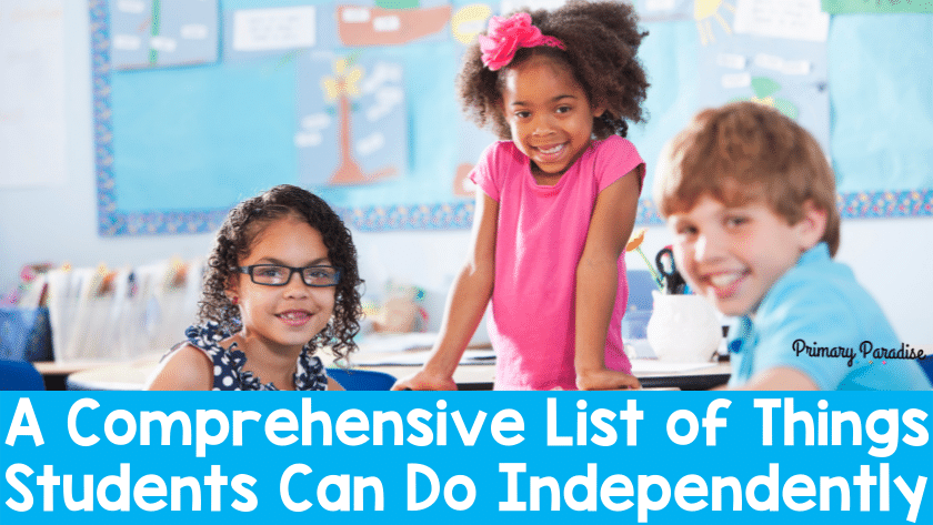Three students smiling at the camera with the text A Comprehensive List of Things Students Can Do Independently