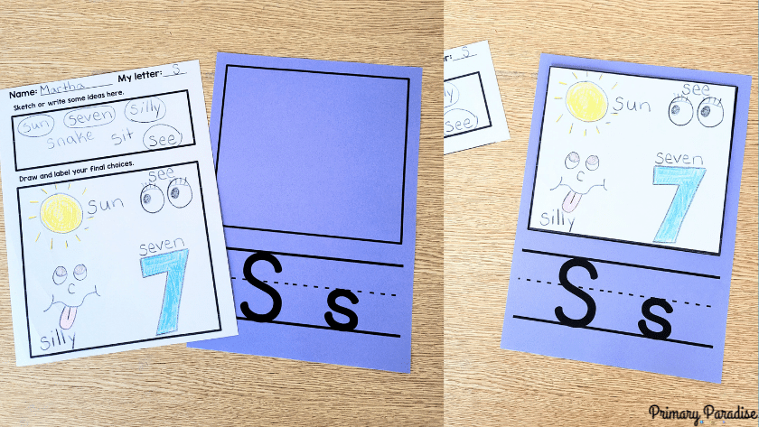 Two images> the first has a worksheet with a box for brainstorming and a box for drawing and a blanket letter s template. The second has the drawing box taped onto the letter s template.