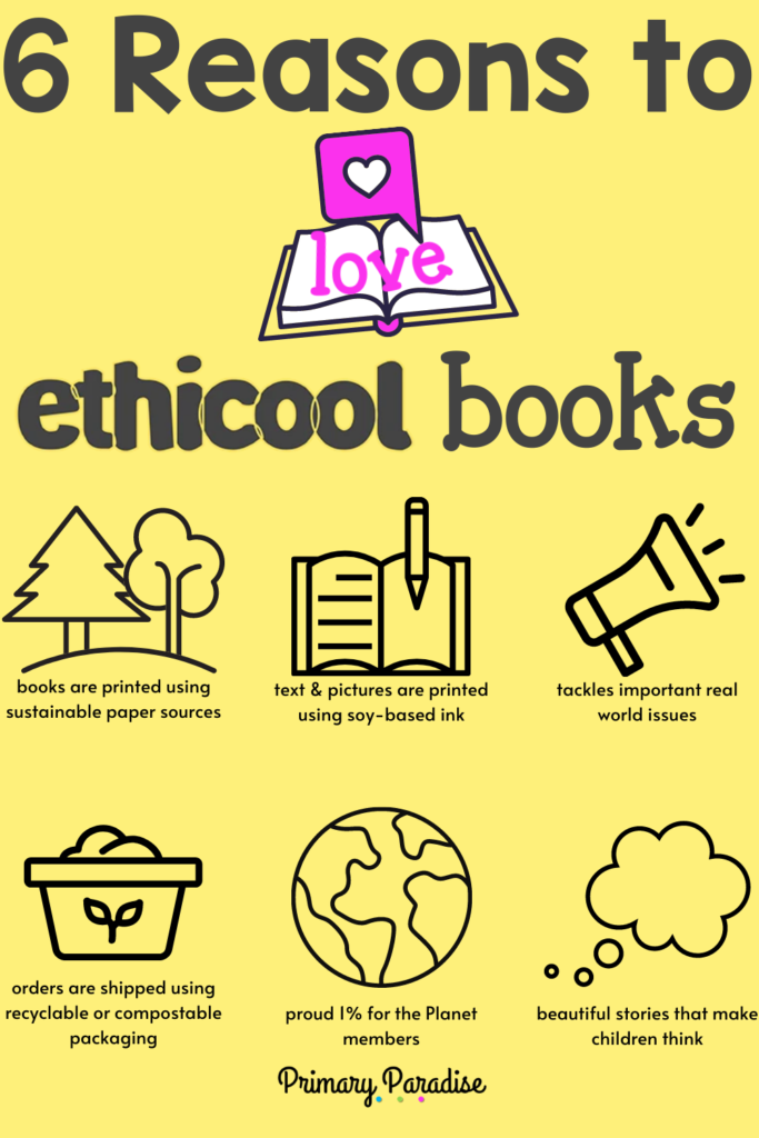 Title: 6 reasons to love ethicool books- books are printed using sustainable paper sources, text and pictures are printed using soy-based ink, tackles important real world issues, orders are shipped using recyclable or compostable packaging, proud 1% for the Planet members, beautiful stories that make children think.