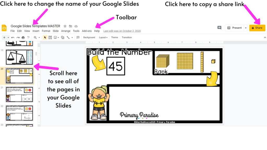 An image of a google slides document that says "Build a number" The title, toolbar, share button, and slide sorter have arrows pointing to them,