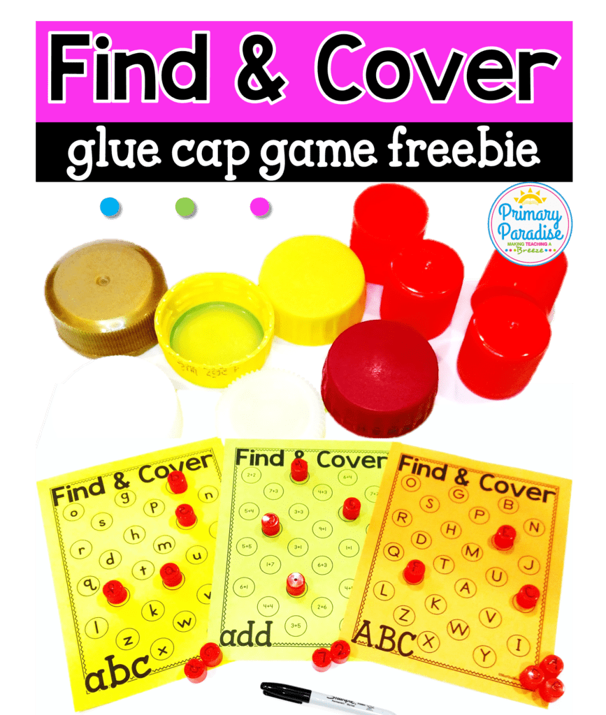 Reuse dried up glue caps or bottle caps to play this free find and cover game with editable versions included