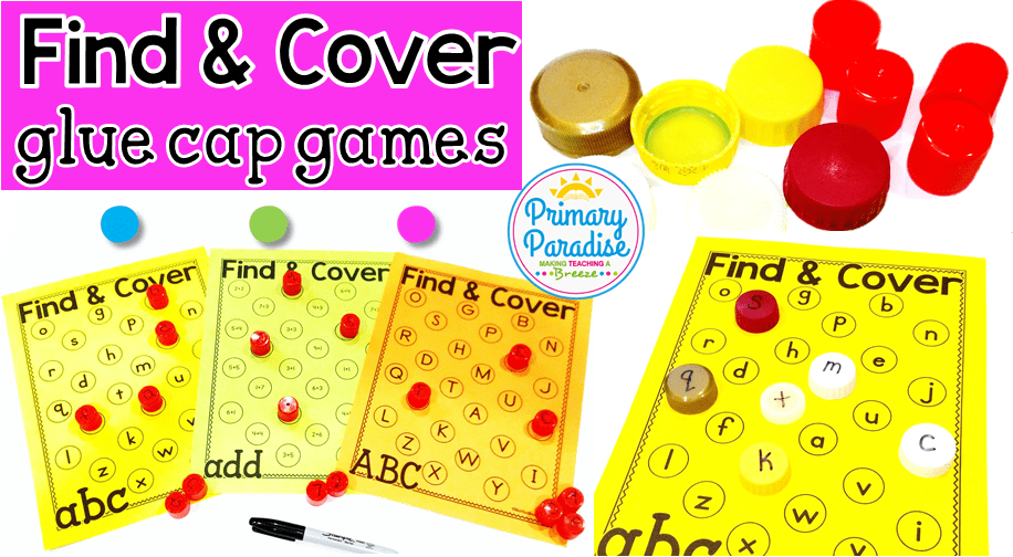 Hoarding glue caps or marker caps? Reuse dried up glue caps to play this free find and cover game with editable versions included