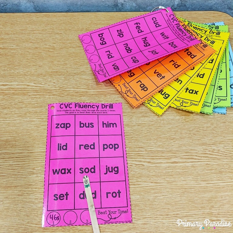 CVC fluency drill cards- print on colored paper- perfect for guided reading